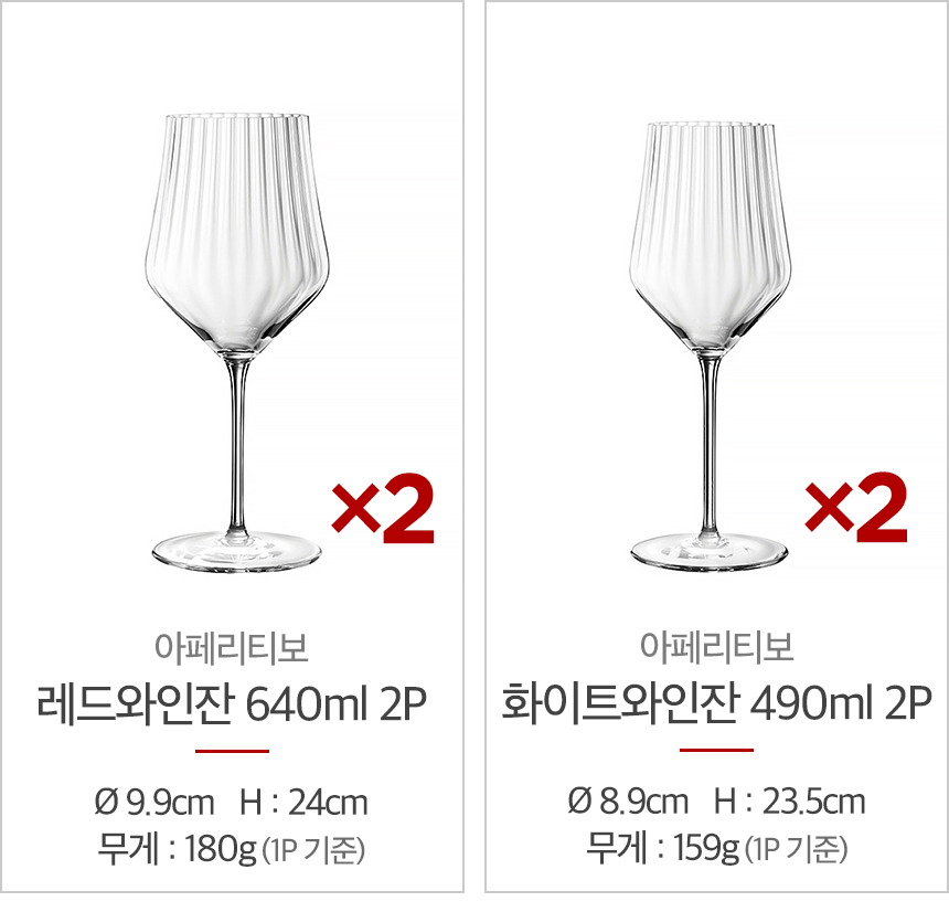 아페리티보 레드와인잔 640ml 2P세트, 지름 9.9cm, 높이 24cm / 아페리티보 화이트와인잔 490ml 2P세트, 지름 8.9cm, 높이 23.5cm
