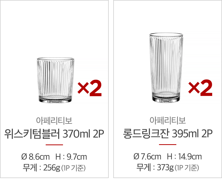 아페리티보 위스키텀블러 370ml 2P세트, 지름 8.6cm, 높이 9.7cm / 아페리티보 롱드링크잔 395ml 2P세트, 지름 7.6cm, 높이 14.9cm